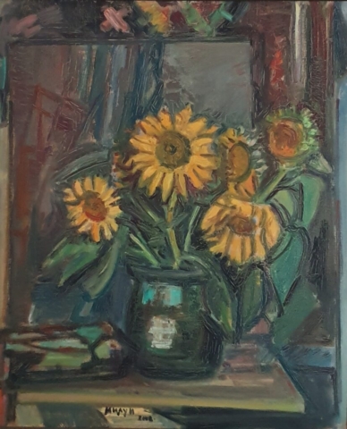 106. Suncokreti u ćupu, ulje na platnu, 1992, 60x70, 180€
